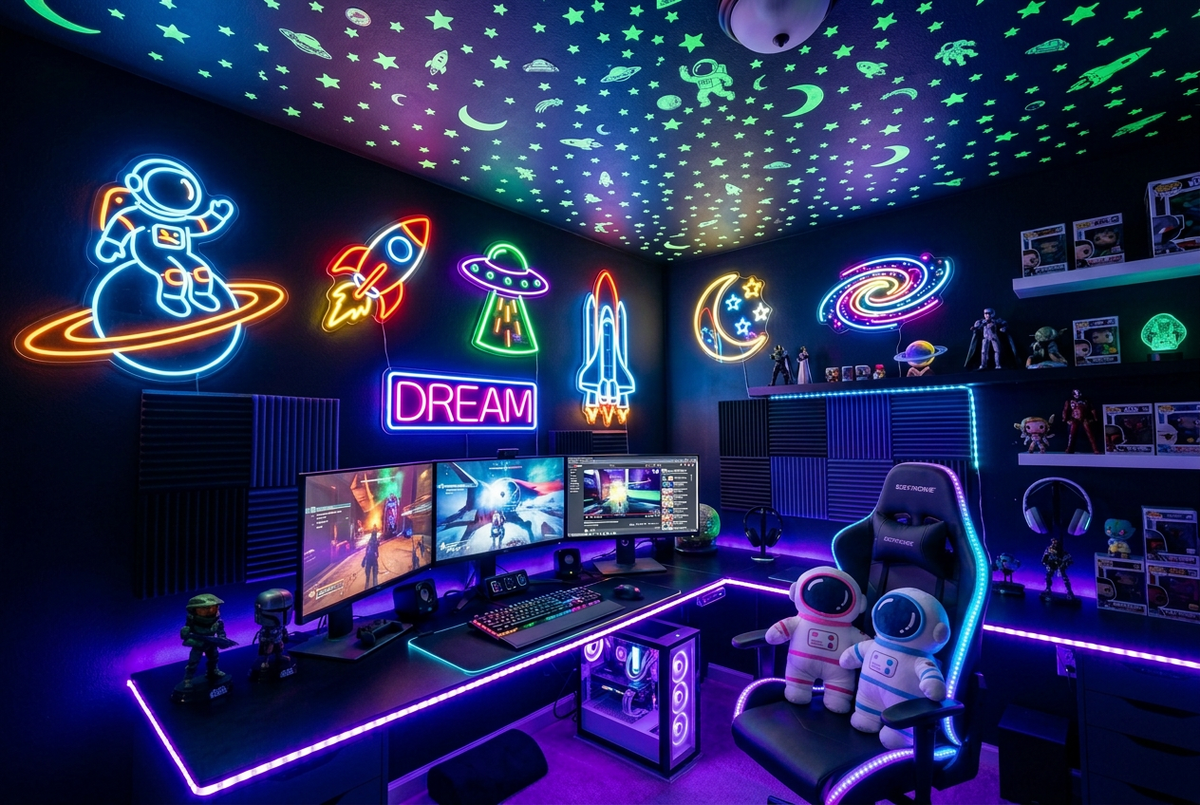Gamer Den — Astronaut Pillows in Background